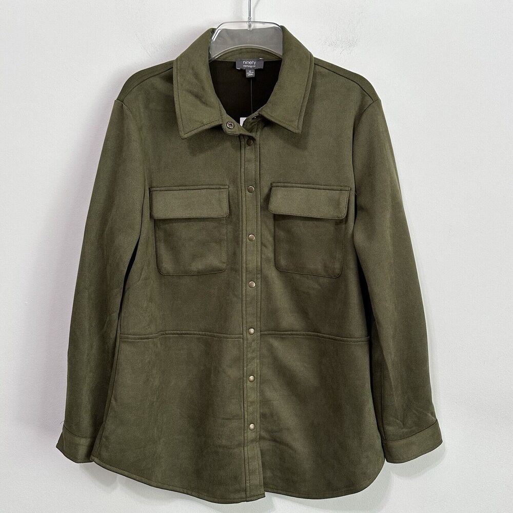 Ninety Clothing Company Snap Front Shirt Olive Medium Shacket Soft Pockets NEW